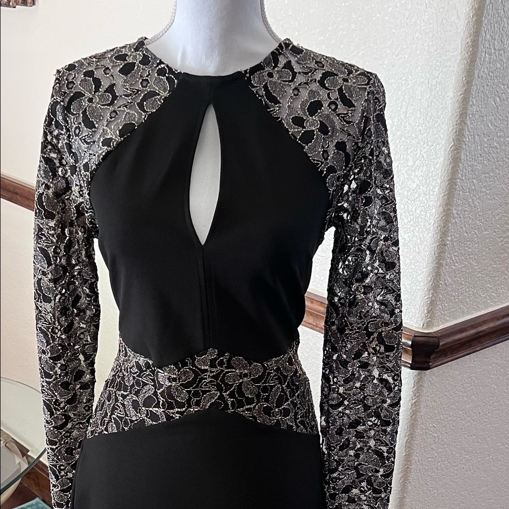 Black dress with Black and Gold lace long sleeves and waist.